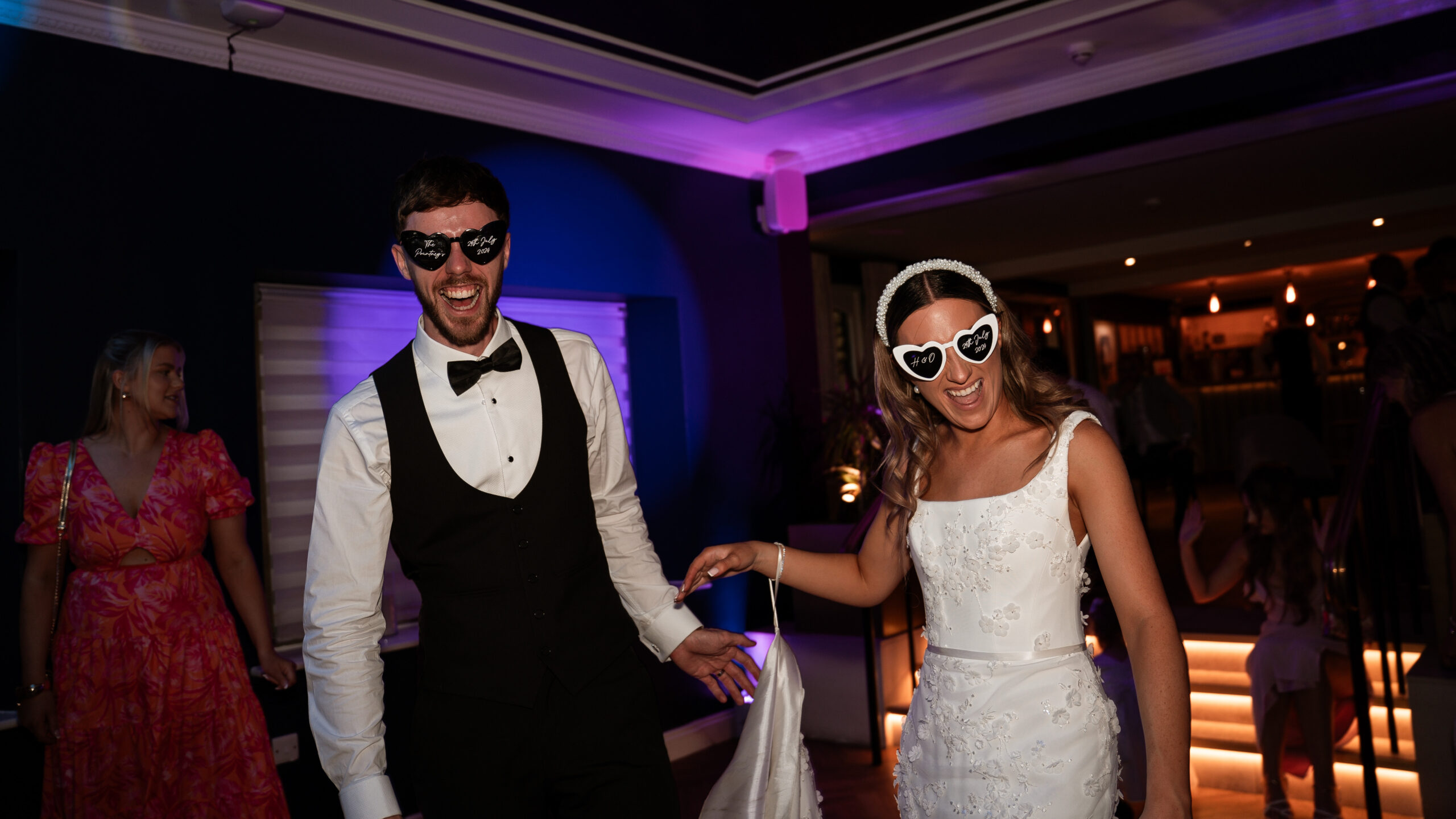Bride and groom during evening celebration